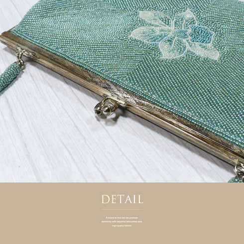 ビーズバック グリーン 花柄 お洒落 カジュアル 横幅22.5cm 高さ13cm マチ3.5cm Aランク 和装小物 ZO-87