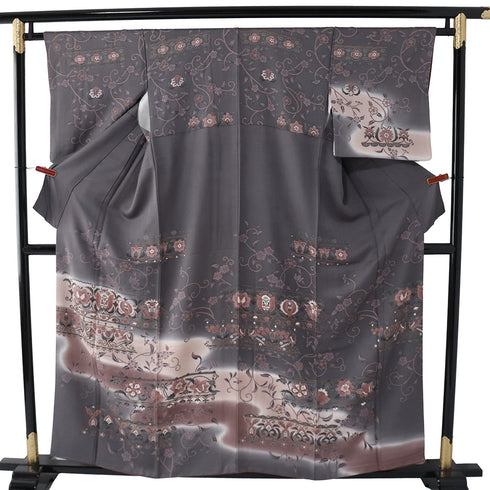 訪問着 リサイクル 身丈155.8cm 裄64.6cm 袷 更紗柄 グレー Mサイズ お洒落 正絹 広衿 Aランク