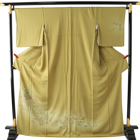 訪問着 リサイクル 身丈168.2cm 裄68cm 袷 風景柄 草花柄 汕頭刺繍 グリーン LLサイズ セミフォーマル お洒落 正絹 広衿 Sランク