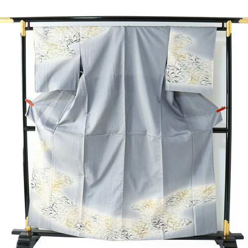 付下げ リサイクル 身丈159.3cm 裄65.4cm 単衣 紬 植物柄 後身頃居敷当て付き グレー Mサイズ お洒落 正絹 広衿 Sランク