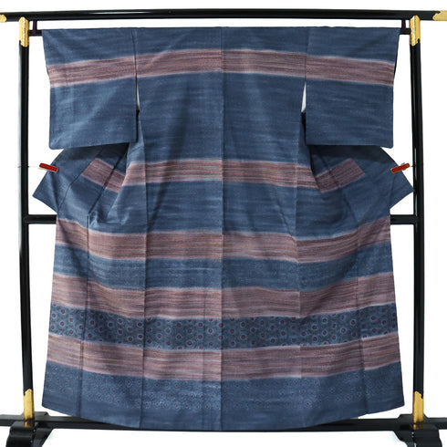 訪問着 リサイクル 身丈156.4cm 裄67cm 袷 紬 段染縞格子にデザイン花柄 染め ブルー Mサイズ お洒落 正絹 広衿 Aランク