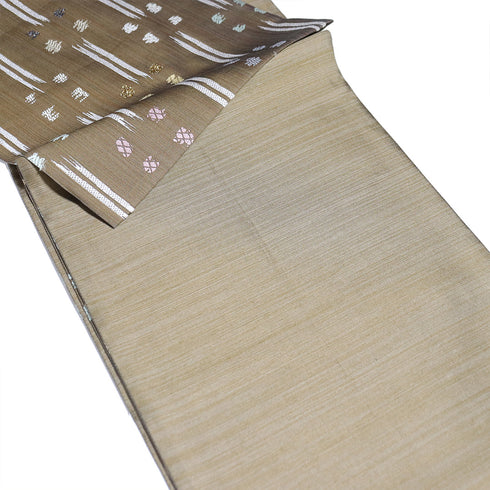 袋帯 帯丈454cm 六通 デザイン絣柄 ブラウン Lサイズ 正絹 Sランク お洒落 カジュアル