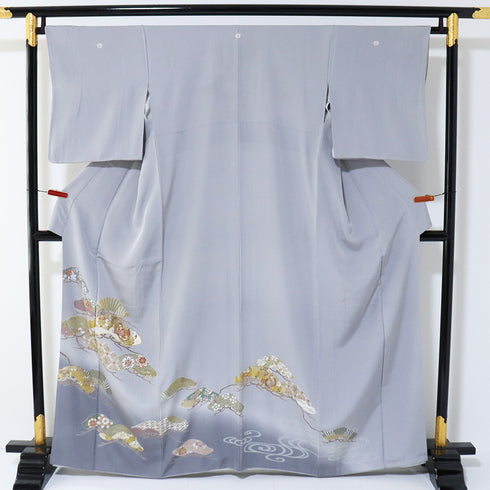 色留袖 リサイクル 身丈162cm 裄66cm 袷 グレー Lサイズ 三つ紋 正絹 広衿 Sランク