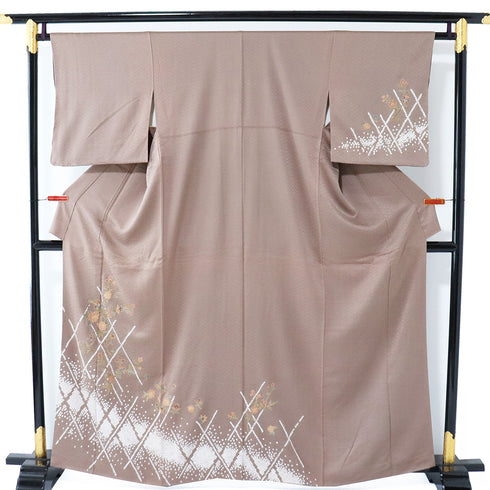 訪問着 リサイクル 身丈161.3cm 裄64.8cm 袷 部分絞り 垣根に花枝柄 地紋 ブラウン Lサイズ お洒落 しつけ糸 正絹 広衿 Sランク