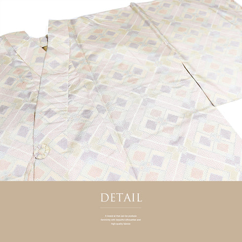 道中着 リサイクル 身丈98.8cm 裄68.6cm 袷 紬 デザイン斜め格子柄 ベージュ LLサイズ カジュアル お洒落 正絹 Aランク