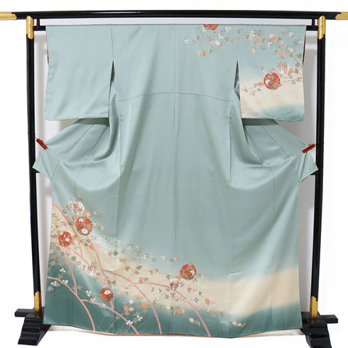 付下げ リサイクル 身丈164.5cm 裄65.2cm 袷 雪輪 花柄 地紋 箔加工 グリーン Lサイズ セミフォーマル お洒落 正絹 広衿 Sランク