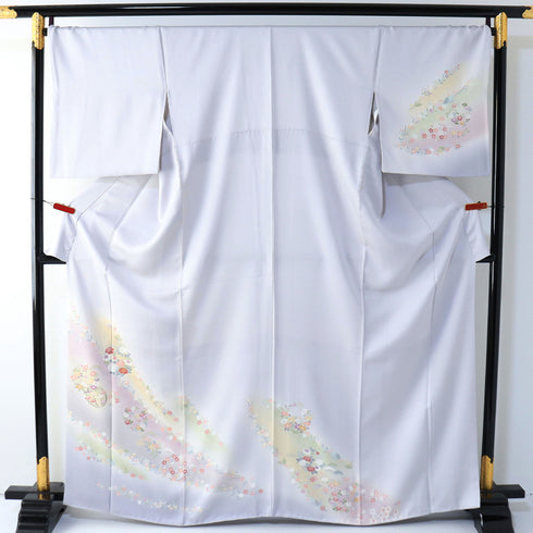 訪問着 リサイクル 身丈163.8cm 裄71.8cm 袷 花丸や華文柄 地紋 金駒刺繍 グレー Lサイズ フォーマル セミフォーマル 正絹 広衿 Sランク