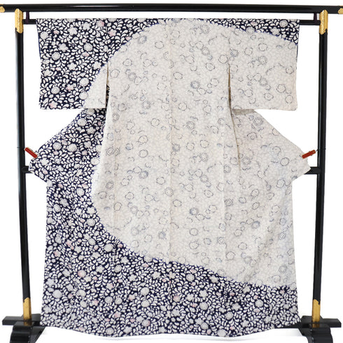 付下げ リサイクル 身丈158.5cm 裄62.6cm 袷 辻ヶ花調 後絞り加工 ネイビー Mサイズ お洒落 しつけ糸 正絹 広衿 Sランク