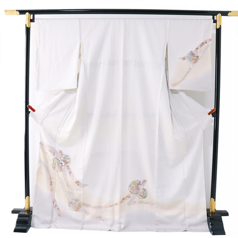 訪問着 リサイクル 身丈170.5cm 裄68cm 袷 雪輪に花 汕頭刺繍 相良刺繍 グレー LLサイズ お洒落 正絹 広衿 Sランク
