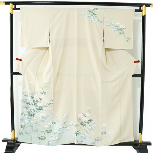 訪問着 リサイクル 身丈156cm 裄62.6cm 袷 手描き友禅花模様 ベージュ Mサイズ フォーマル セミフォーマル 正絹 広衿 Aランク