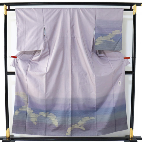 付下げ リサイクル 身丈152.5cm 裄61.6cm 袷 紬 雪輪柄 地紋 じゅらく パールトーン パープル Sサイズ お洒落 正絹 広衿 Sランク