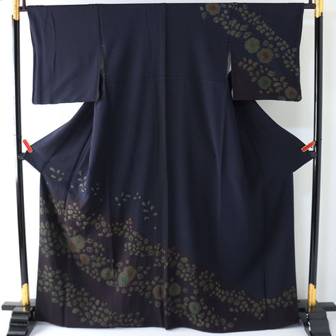 訪問着 リサイクル 裄66.2cm 袷 辻ヶ花風模様 絞り ネイビー Lサイズ お洒落 正絹 広衿 Sランク