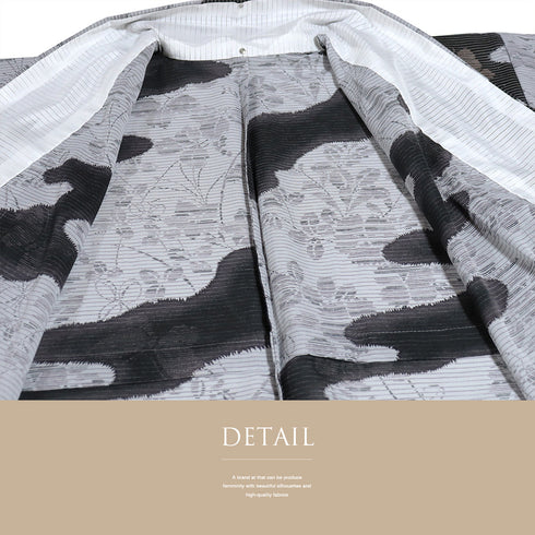 小紋 リサイクル 夏着物 身丈155.5cm 裄66cm 夏物 葉柄 霞に蝶柄 グレー Mサイズ カジュアル ポリエステル 洗える着物 広衿 Aランク