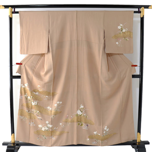 訪問着 リサイクル 身丈155.5cm 裄62.8cm 袷 花柄 雲取り柄 箔 刺繍 ブラウン Mサイズ お洒落 正絹 広衿 Sランク