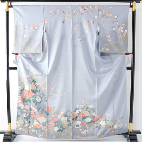 訪問着 リサイクル 身丈162cm 裄66.4cm 袷 花各種柄 ブルー Lサイズ セミフォーマル お洒落 正絹 広衿 Aランク