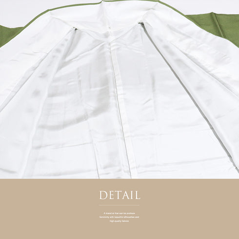 色無地 リサイクル 身丈160cm 裄63.6cm 袷 ちりめん グリーン Mサイズ お洒落 しつけ糸 正絹 広衿 Sランク