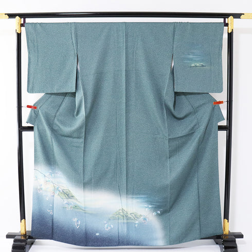 訪問着 リサイクル 身丈161.2cm 裄68.8cm 袷 風景柄 山柄 グリーン Lサイズ お洒落 セミフォーマル 正絹 広衿 Sランク