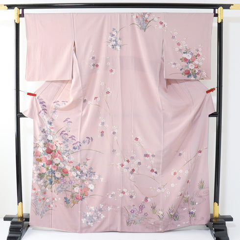 訪問着 リサイクル 身丈165.3cm 裄68cm 袷 菊や花各種柄 相良刺繍 ピンク Lサイズ フォーマル セミフォーマル 正絹 広衿 Aランク