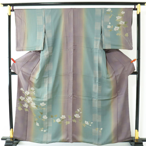 付下げ リサイクル 身丈158.4cm 裄66.2cm 袷 花柄 部分刺繍 縦ぼかし パープル Mサイズ お洒落 正絹 広衿 Bランク