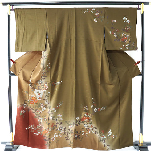 訪問着 リサイクル 身丈160.3cm 裄66.8cm 袷 色紙に花柄 ブラウン Mサイズ セミフォーマル お洒落 正絹 広衿 Sランク