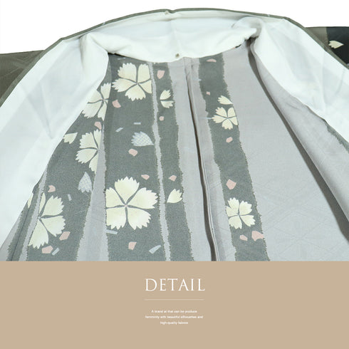 小紋 リサイクル 身丈168.5cm 裄70.2cm 単衣 桜柄 グリーン LLサイズ カジュアル ポリエステル 洗える着物 広衿 Sランク