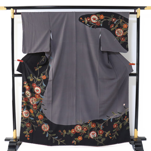 訪問着 リサイクル 身丈162.5cm 裄62cm 袷 丸に橘や菊柄 箔 金彩 ブラック Lサイズ セミフォーマル お洒落 正絹 広衿 Sランク