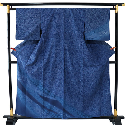 訪問着 リサイクル 身丈156cm 裄63cm 袷 藍染め 更紗柄 部分絞り ブルー Mサイズ セミフォーマル 正絹 広衿 Aランク