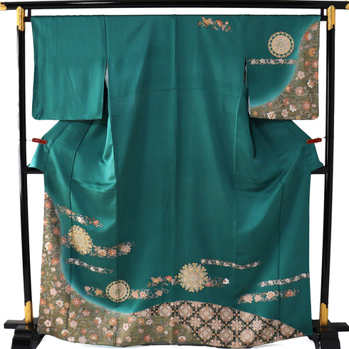 訪問着 リサイクル 身丈162.7cm 裄68.4cm 袷 華文柄 花唐草柄 箔 地紋 グリーン Lサイズ セミフォーマル 正絹 広衿 Sランク