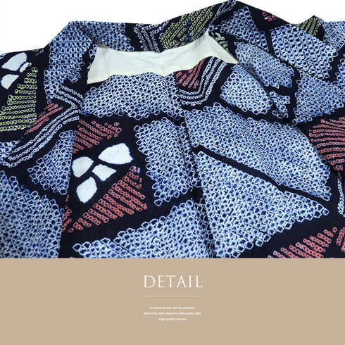 浴衣 リサイクル 夏着物 身丈157.5cm 裄64cm 夏物 絞り ネイビー Mサイズ カジュアル 木綿 洗える着物 バチ衿 Sランク