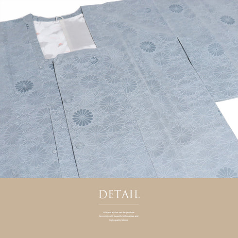 道行コート リサイクル 身丈92.5cm 裄66.4cm 袷 部分ビロード 菊尽くし柄 地紋 ブルー Mサイズ お洒落 不明 Sランク