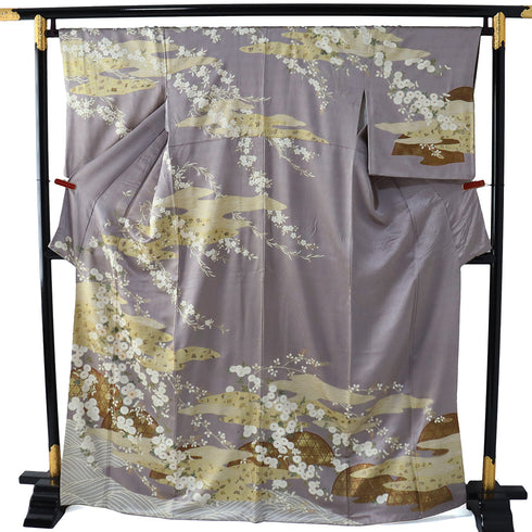 訪問着 身丈165.5cm 裄67.5cm 袷 かすみに菊模様 金駒刺繍 箔 パープル LLサイズ セミフォーマル 正絹 広衿 Aランク