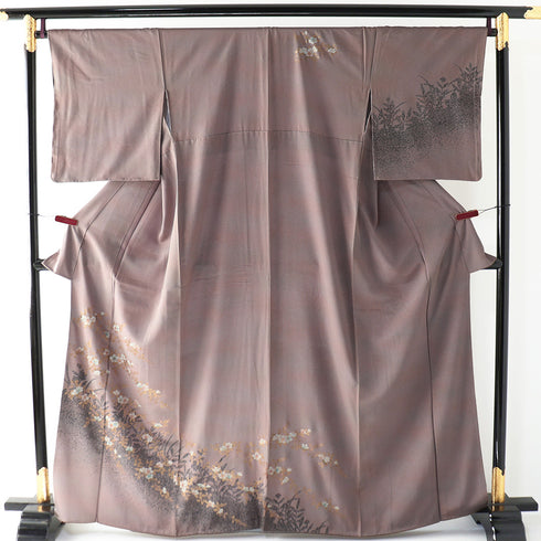 訪問着 リサイクル 身丈161.5cm 裄68cm 袷 花枝柄 草花 箔加工 パープル Lサイズ セミフォーマル お洒落 正絹 広衿 Sランク