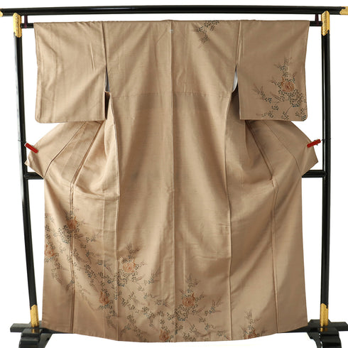 付下げ リサイクル 身丈160.8cm 裄65.2cm 袷 鳳凰柄 草花柄 紬 ブラウン Lサイズ お洒落 一つ紋 正絹 広衿 Sランク