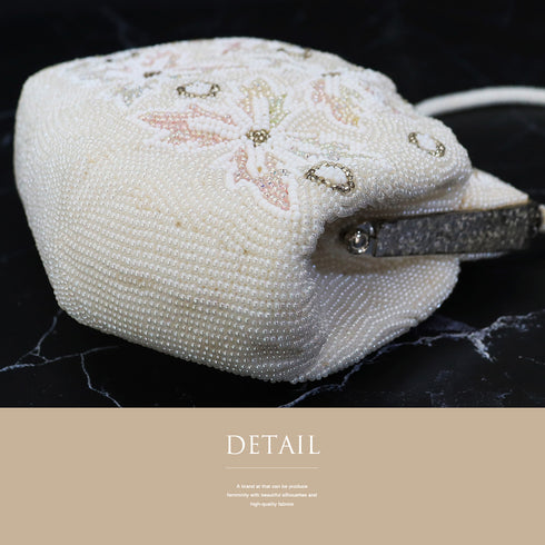 バッグ リサイクル カジュアル アイボリー ビーズ Bランク 花柄 横幅18cm 高さ14cm マチ5cm