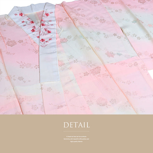 長襦袢 リサイクル 長襦袢 身丈140.3cm 裄67.8cm 袷 花枝柄 地紋 刺繍半衿付き ぼかし ピンク Lサイズ ポリエステル 洗える着物 袖無双 Sランク