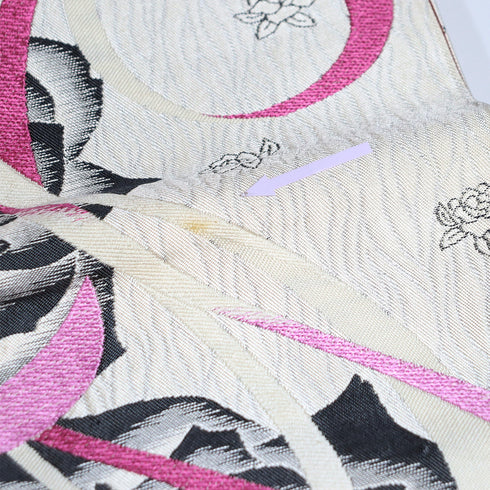 袋帯 リサイクル 帯丈444cm 全通 薔薇やリボン柄 EYE ホワイト Mサイズ 正絹 未使用品 フォーマル お洒落