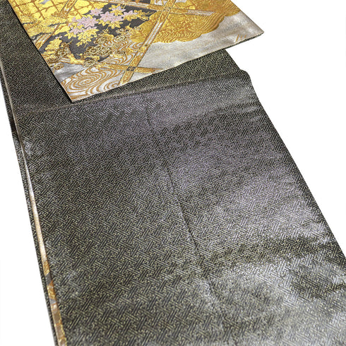 袋帯 リサイクル 帯丈434cm 六通 花柄 松や鶴柄 波や流水柄 ゴールド Sサイズ 正絹 Sランク フォーマル