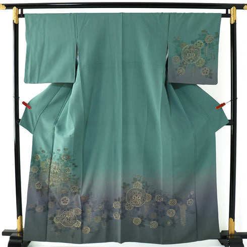 訪問着 リサイクル 身丈159.2cm 裄65.2cm 袷 向かい鳥華紋柄 刺繍 グリーン Mサイズ セミフォーマル お洒落 正絹 広衿 Sランク