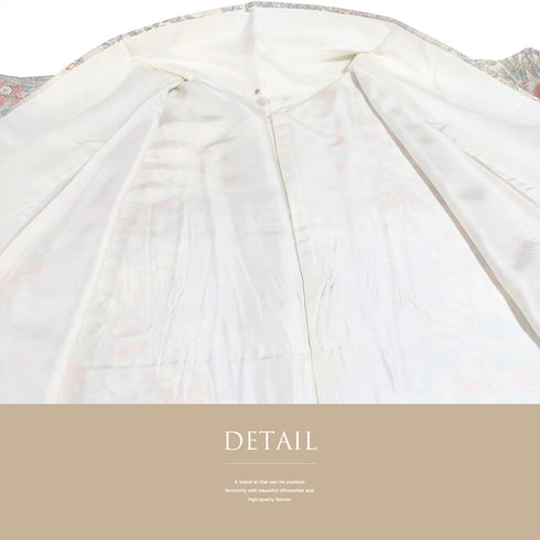 小紋 リサイクル 身丈156.5cm 裄64.4cm 袷 水辺の風景に花や鳥柄 地紋 ベージュ Mサイズ お洒落 カジュアル 正絹 広衿 Sランク