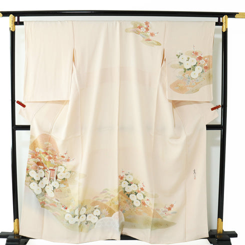 訪問着 リサイクル 身丈158cm 裄65.8cm 袷 御所車に鴛鴦や松竹梅柄 箔 作家 松井青々 ピンク Mサイズ フォーマル セミフォーマル 正絹 広衿 Aランク