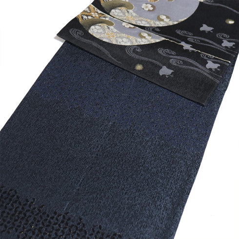 袋帯 リサイクル 帯丈450cm 六通 丸に波柄 千鳥柄 ブラック Lサイズ 正絹 Sランク フォーマル お洒落