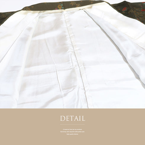 小紋 リサイクル 身丈163.2cm 裄63.6cm 袷 小花散らし柄 グリーン Lサイズ お洒落 カジュアル しつけ糸 正絹 広衿 Sランク