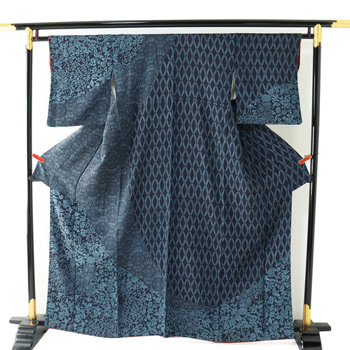 付下げ リサイクル 身丈160.8cm 裄64cm 袷 更紗柄 ネイビー Lサイズ お洒落 正絹 広衿 Sランク