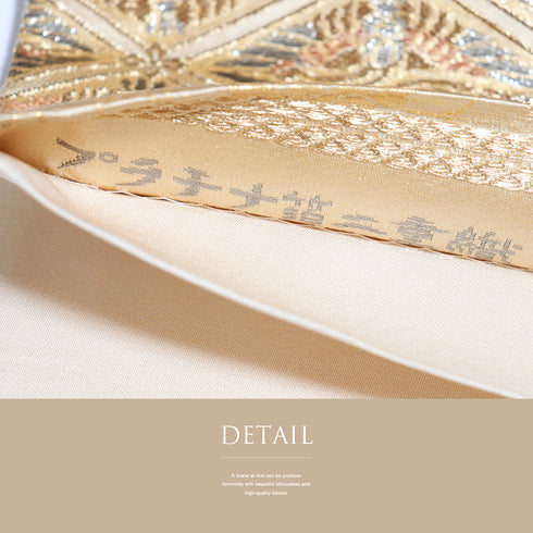 袋帯 リサイクル 帯丈426cm 六通 蜀江に流水やかすみ柄 プラチナ箔二重織 ゴールド Sサイズ 正絹 Sランク フォーマル セミフォーマル