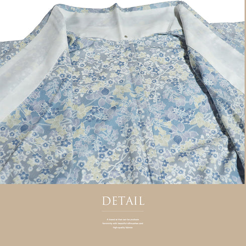 小紋 リサイクル 身丈167cm 裄68cm 単衣 草花柄 既製品 トールサイズ ブルー LLサイズ お洒落 カジュアル ポリエステル 洗える着物 広衿 Sランク