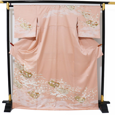 訪問着 リサイクル 身丈168.8cm 裄67.6cm 袷 花柄 金駒刺繍 ピンク LLサイズ セミフォーマル お洒落 正絹 広衿 Sランク