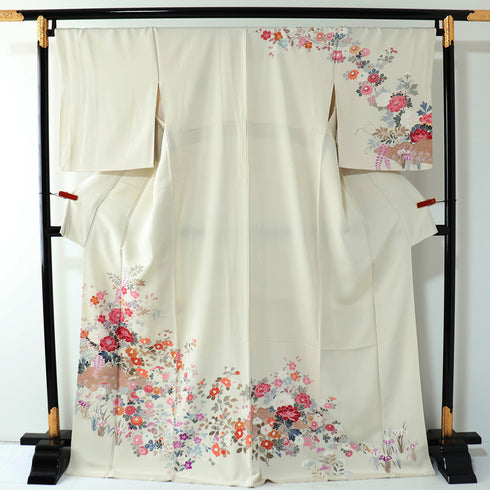 訪問着 リサイクル 身丈168.7cm 裄69.4cm 袷 牡丹や菊柄 アイボリー LLサイズ セミフォーマル お洒落 正絹 広衿 Bランク