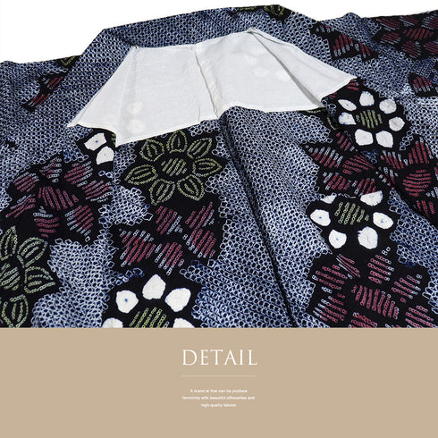 浴衣 リサイクル 夏着物 身丈150.5cm 裄63.2cm 夏物 絞り 花柄 ジュニアサイズ ネイビー Sサイズ カジュアル 木綿 洗える着物 バチ衿 Sランク