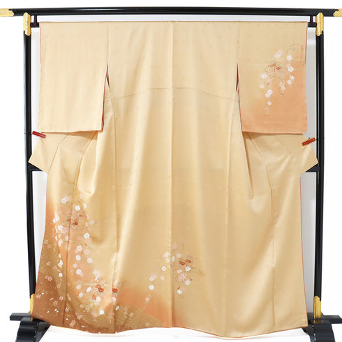 訪問着 リサイクル 身丈159.5cm 裄67cm 袷 文箱や枝垂れ花柄 地紋 金駒刺繍 ゆったりサイズ オレンジ Mサイズ セミフォーマル 正絹 広衿 Sランク