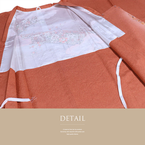 道行コート リサイクル 身丈83.5cm 裄64.6cm 袷 絵羽柄 刺繍 地紙に花柄 オレンジ Mサイズ お洒落 しつけ糸 正絹 Sランク